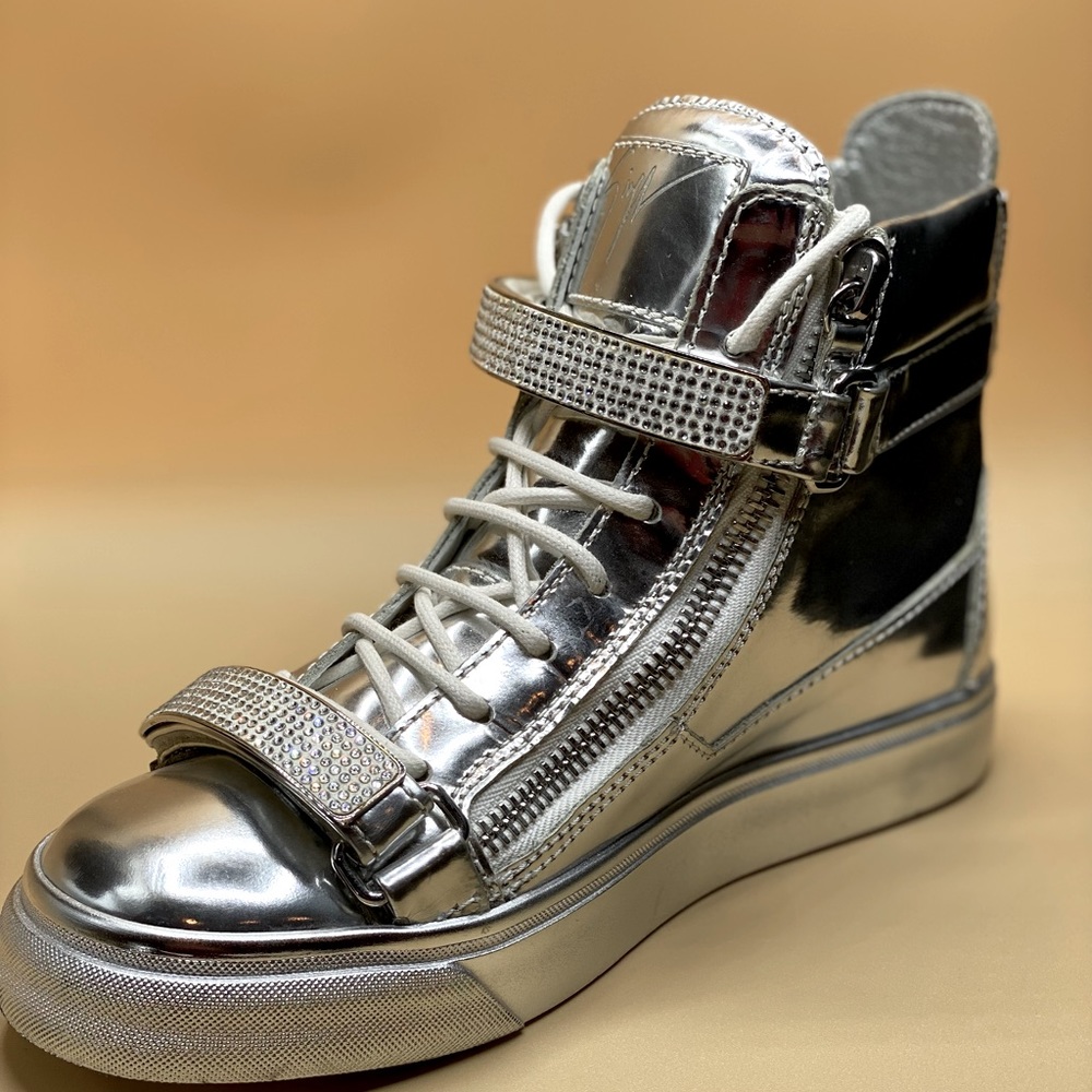 Giuseppe Zanotti Metallic Silver Rhinestone Leather London High Top Sneakers
